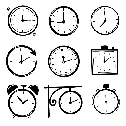 Hand drawn set of cartoon clock, alarm, timer. Doodle sketch style. Concept of time, minute, deadline.