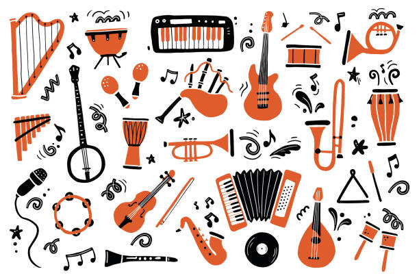 ilustraciones, imágenes clip art, dibujos animados e iconos de stock de conjunto dibujado a mano de diferentes tipos de instrumentos musicales - musical instrument string illustrations
