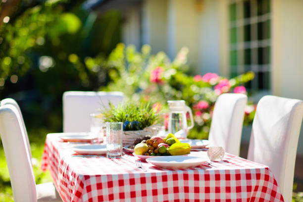 Summer lunch outdoors. Table setting for barbecue. Summer lunch outdoors. Table setting for barbecue party. Garden fun. BBQ in sunny backyard. Party decoration. Fruit and meat for picnic. garden lights candle stock pictures, royalty-free photos & images