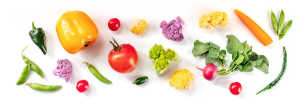 istock Fresh vegetable panorama, overhead flat lay shot on a white background 1313584350