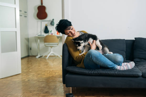 istock woman playing with her puppy at home 1313587076