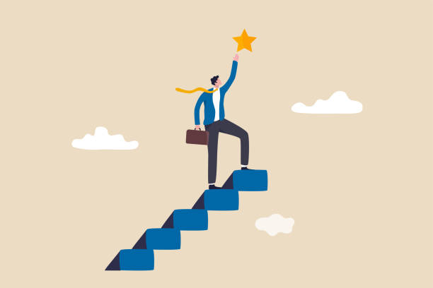 Hope to success in business, accomplishment or reaching business goal, reward and motivation concept, smart confident businessman climb up stair to the top to reaching to grab precious star reward. Hope to success in business, accomplishment or reaching business goal, reward and motivation concept, smart confident businessman climb up stair to the top to reaching to grab precious star reward. climbing illustrations stock illustrations