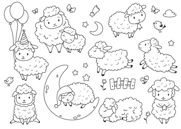 illustrations, cliparts, dessins animés et icônes de ensemble mignon de mouton. - lamb animal farm cute