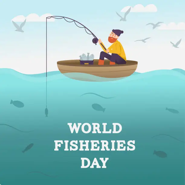 Vector illustration of World Fisheries Day. Fisherman with fishing rod on boat at the sea. Fisher catching fish. Fishes underwater and seagull in sky. Card or poster with cartoon character. Vector flat banner.