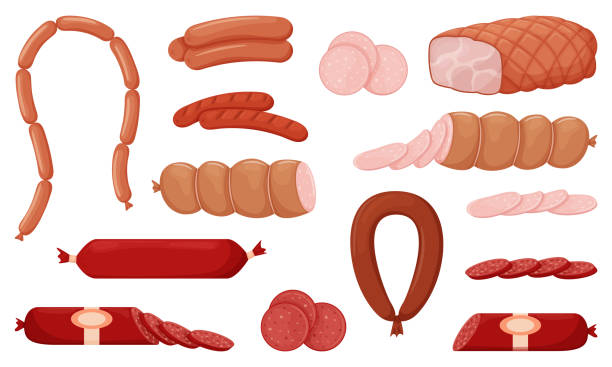 set von gekochten und geräucherten wurstwaren, frankfurter, grillwürste, ganze wurst, halb, in scheiben geschnitten, gekochtes schweinefleisch, wurst. essen, fleischgericht. farbvektor-illustration isoliert auf weiß - wurst stock-grafiken, -clipart, -cartoons und -symbole