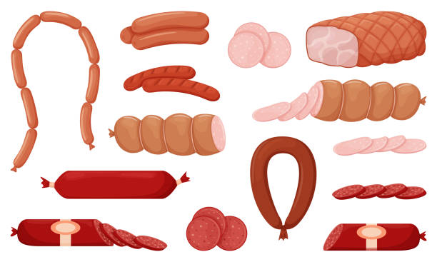 삶은 소시지 제품, 프랑크푸르터, 구운 소시지, 전체 소시지, 절반, 슬라이스, 삶은 돼지고기, 소시지 끈 세트. 음식, 고기 요리. 흰색으로 격리된 색상 벡터 그림 - bologna stock illustrations