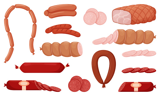 Set of boiled and smoked sausage products, frankfurter, grilled sausages, whole sausage, half, sliced, boiled pork, string of sausages. Food, meat dish. Color vector illustration isolated on white.