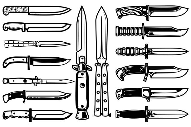 duży zestaw noży bojowych w stylu monochromatycznym. element projektu etykiety, podpisu, plakatu. ilustracja wektorowa - weapon dagger hunting hunter stock illustrations