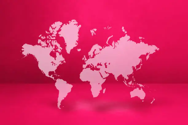 World map isolated on pink wall background. 3D illustration