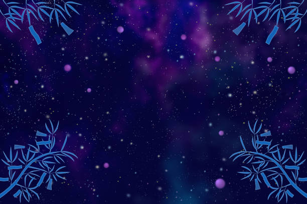 istock Bamboo trees and Tanabata decoration in starry night sky, Tanabata festival background illustration 1313593539