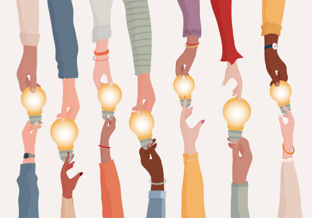 Brainstorming concept.Metaphor of diverse people proposing or sharing innovative ideas solutions and agreements.Collaborating colleagues or co-workers.Hands holding a light bulb.Teamwork Concept of people or colleagues sharing and proposing new innovative ideas. Problem solving. Concept of fellow co-workers or friends sharing thoughts and solutions. Concept of community of people who work well together. Exchange of views leadership stock illustrations