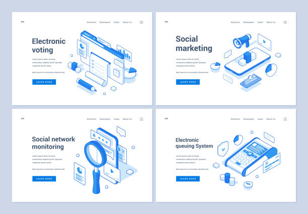 Web banners for convenient contemporary electronic services Set of blue and white vector illustrations of banners advertising various online electronic services for convenient life in modern world. 3D isometric web banners, landing page templates voting queues stock illustrations
