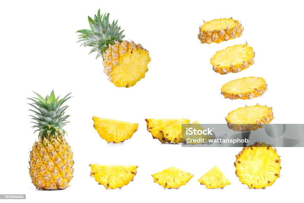 Collection of sliced pineapples isolated on white background. Collection of sliced pineapples and pineapple isolated on white background. Pineapple Stock Photo