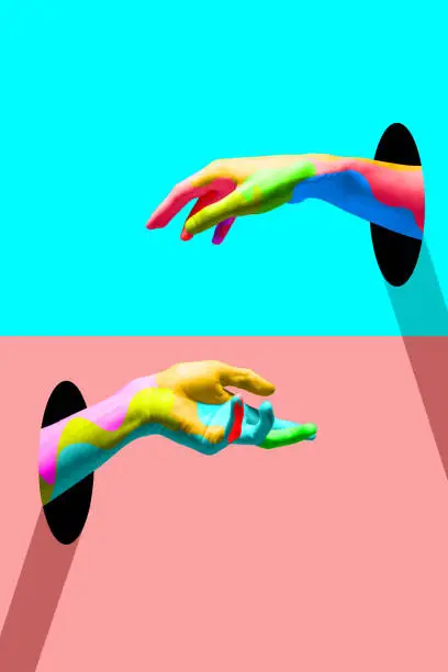 Photo of Contemporary art collage, modern design. Party mood. Bright colored hands catching each other.