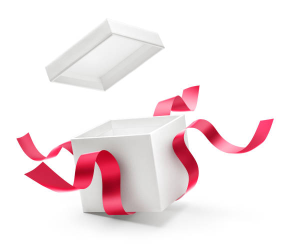 istock Opened gift box with red ribbon isolated on white background 1313597144