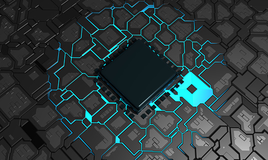 3d rendering of futuristic blue circuit board. Technology Background Concept.
