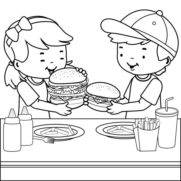  Ilustración de Los Niños De Un Restaurante Que Comen Hamburguesas Vector Página Para Colorear En Blanco Y Negro y más Vectores Libres de Derechos de Hamburguesa