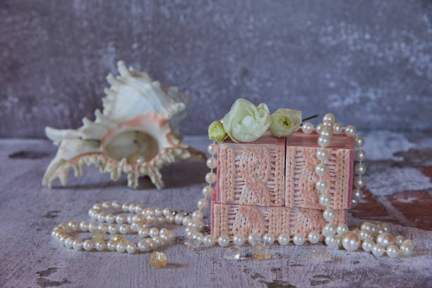 empty card and brown prayer beads muslim with small wooden box