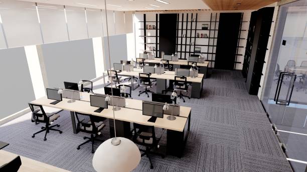 istock Interior Of An Empty Modern Loft Office open space.Creative office interior. 3D Rendering of modern and bright open plan office space. 1313605678