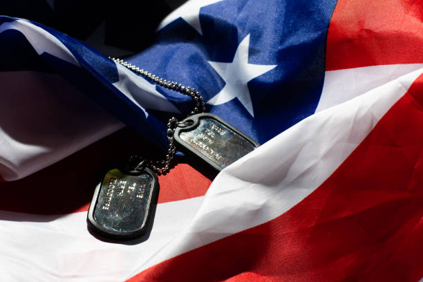istock Soldier's token on American flag background 1313605869