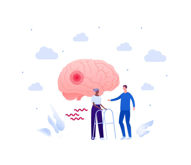 Doctor and patient. Brain disease concept. Vector flat people illustration. Male nurse care of african american female senior with walker. Pain and parkinson disease symbol. Design for health care. Doctor and patient. Brain disease concept. Vector flat people illustration. Male nurse care of african american female senior with walker. Pain and parkinson disease symbol. Design for health care. stroke illness illustrations stock illustrations