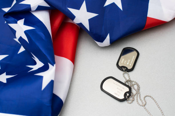 gettoni dell'esercito sullo sfondo della bandiera nazionale americana - dog patriotism flag politics foto e immagini stock
