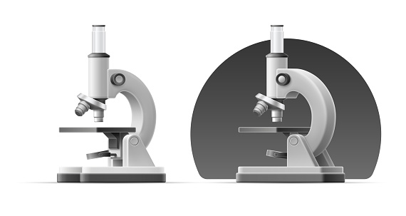 3d illustration of different sides of gray microscope on an isolated background. Cartoon vector template. Chemical laboratory research. Medical equipment. Education technology concept.