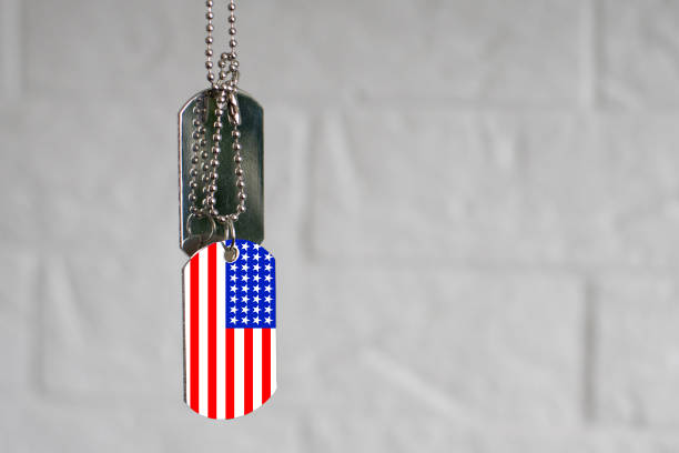 gettoni dell'esercito sullo sfondo della bandiera nazionale americana - dog patriotism flag politics foto e immagini stock