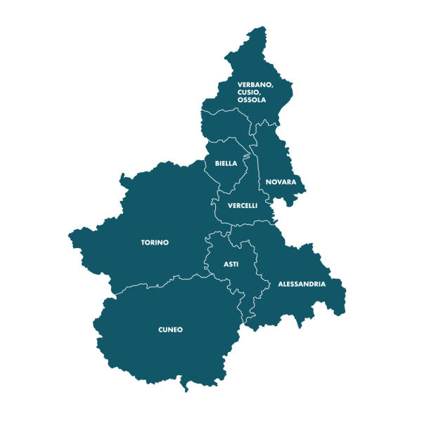 illustrazioni stock, clip art, cartoni animati e icone di tendenza di mappa vettoriale del piemonte (piemonte), italia - torino