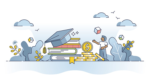 Scholarship credit for students education tuition payment outline concept. Money investment in knowledge and future university graduation vector illustration. Academic learning loan expenses funding.