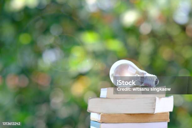 Energy Saving Light Bulb And Book On Table Stock Photo - Download Image Now - Sustainable Resources, Business, Resourceful
