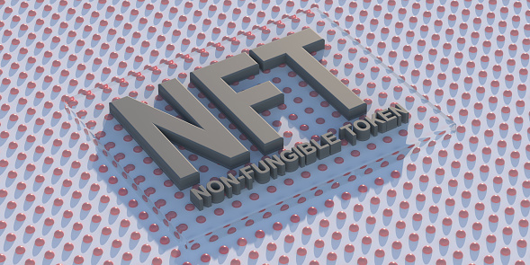 NFT blockchain asset, gray text on light blue dotted background. Non Fungible Token, cryptocurrency art concept. 3d illustration