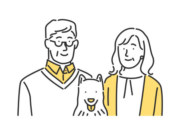 犬の家族のイラストと中年。 - 家族　笑顔点のイラスト素材／クリップアート素材／マンガ素材／アイコン素材