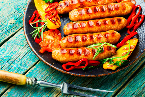 istock Delicious German grilled sausages,BBQ sausages 1313614906