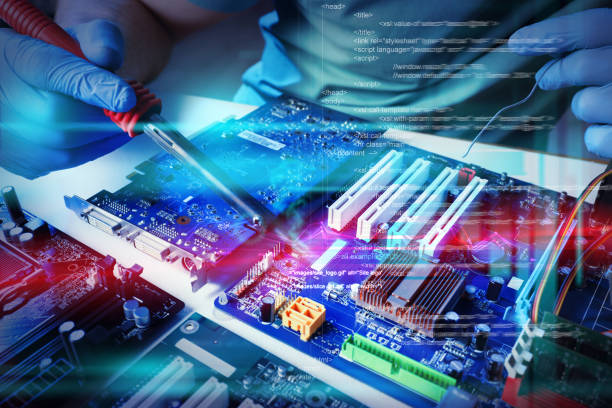 istock Technician repairing electronic circuit board with soldering iron at table, closeup 1313615078