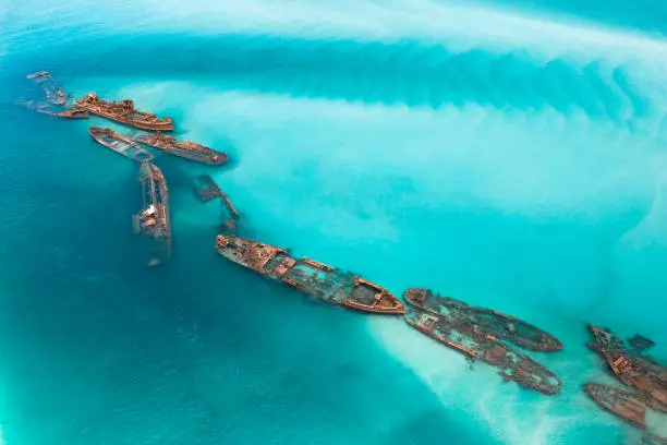 Aerial photograph of sunken ships taken in Tangalooma, Moreton Bay, Queensland, Australia.