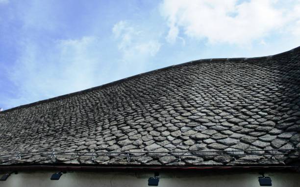Volcanic stone roof Partial horizontal plan of a traditional Auvergne roof in dark volcanic stone (lauze). Cloudy blue skies in the background. Orcival, Puy-de-Dôme, France. August 2020 orcival stock pictures, royalty-free photos & images