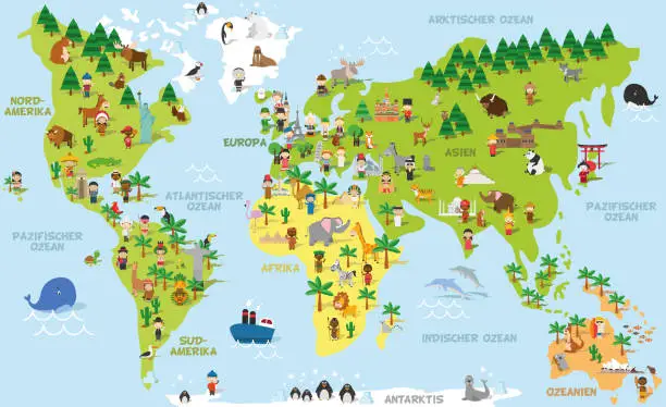 Vector illustration of Funny cartoon world map with childrens of different nationalities, animals and monuments of all the continents and oceans. Names in german. Vector illustration for preschool education and kids design.
