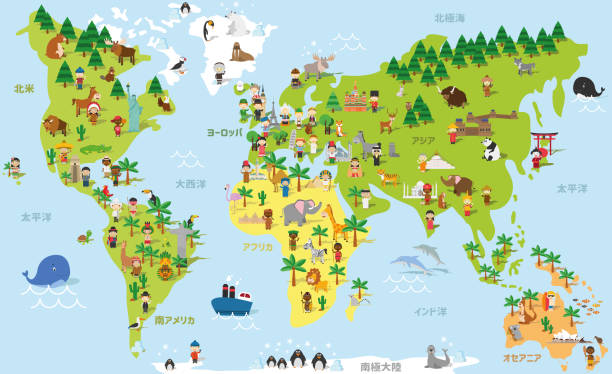 забавная мультяшная карта мира с детьми разных национальностей, животными и памятниками всех континентов и океанов. имена на японском язык - india map cartoon cartography stock illustrations