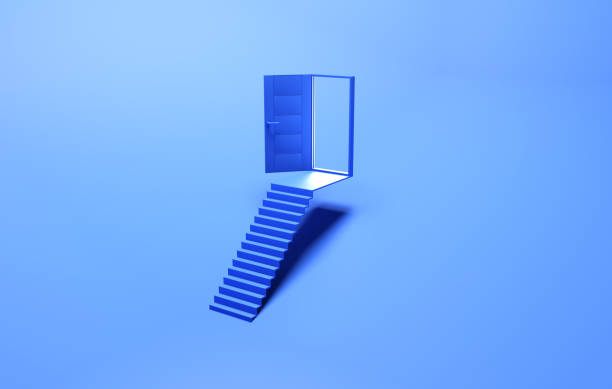 puerta azul y diseño mínimo - puerta abierta fotografías e imágenes de stock
