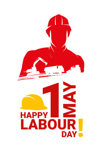 Happy Labour Day greeting card template May 1, Happy Labour Day, greeting card template with silhouette of worker, hard hat and construction machinery. Vector illustration with double exposure for card, web banners, flyer, poster design. engineer silhouettes stock illustrations