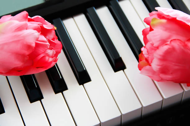 istock white and black piano keys and pink flowers 1313623096