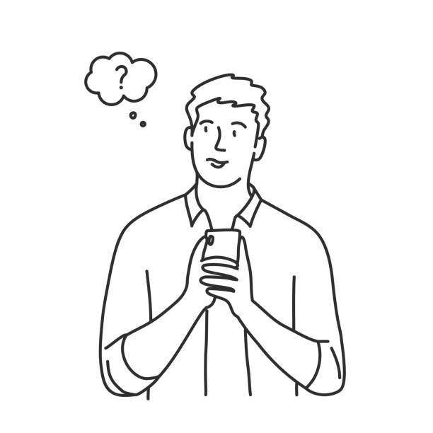 ilustrações de stock, clip art, desenhos animados e ícones de young man holds a smartphone in his hands and thinks about the answer. - challenge outline choice business