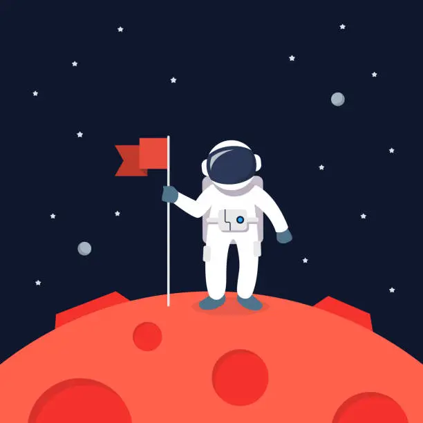 Vector illustration of Astronaut Landing On Mars Holding Flag