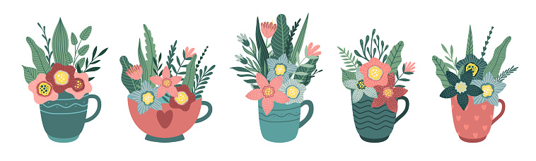 Set of bouquets in mugs. Vector illustration on white background