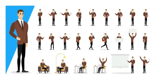 Vector illustration of Successful businessman in brown suit showing gestures and emotions in different poses set. Office business man character. Vector male person standing, sitting, walking, happy, angry collection