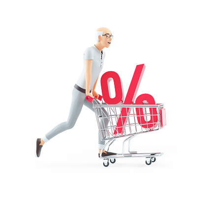 3d senior man pushing shopping cart with percent sign, illustration isolated on white background