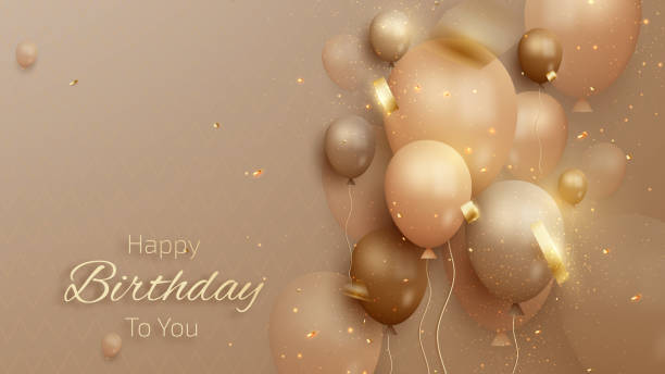 istock Happy birthday card with luxury balloons and ribbon. 3d realistic style. 1313626899