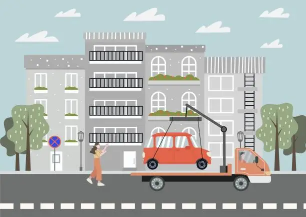 Vector illustration of Tow truck take away a car. Woman running the car. Parking is prohibited.City background. Flat vector illustration.