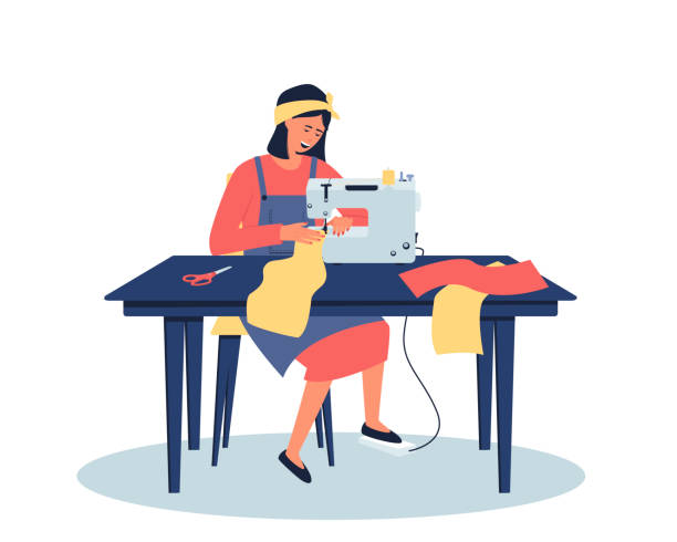illustrazioni stock, clip art, cartoni animati e icone di tendenza di una donna lavora a casa alla sua scrivania - sewing tailor sewing machine women